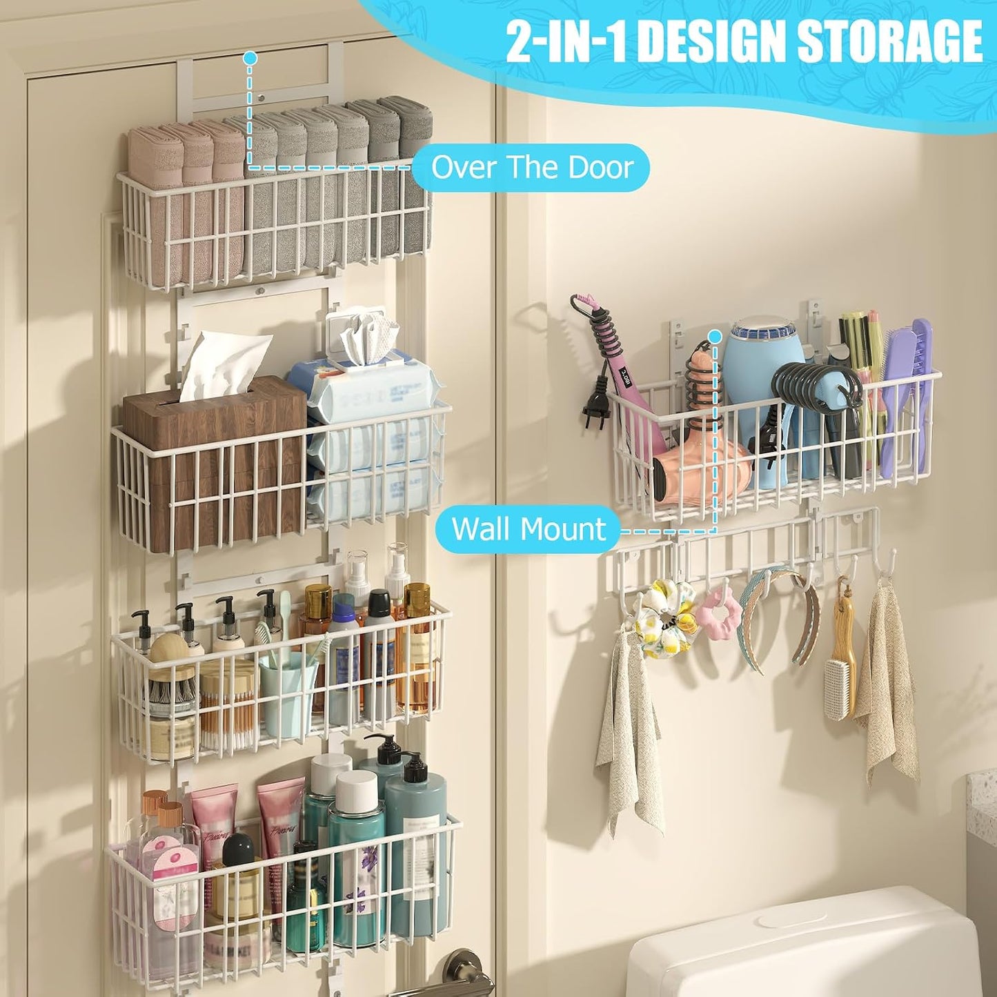 Hongtamoya Over The Door Organizer, Hanging Door Organizer with 5 Metal Baskets, Behind The Door Storage for Pantry Closet Bedroom Bathroom Cabinet Kitchen, White