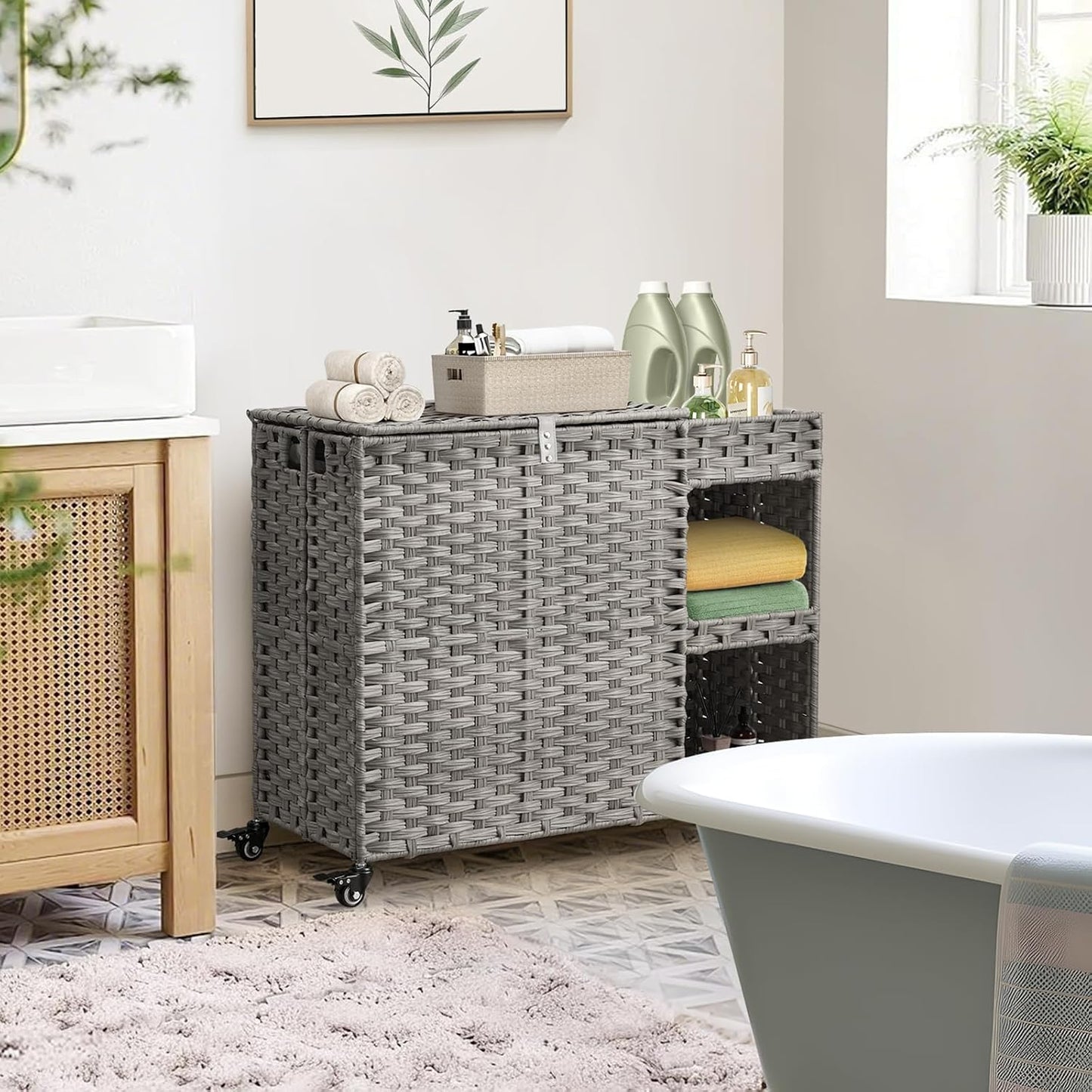 Laundry Hamper with Wheels, 42.3 Gal.(160 L) Laundry Sorter with Shelves, Rattan Clothes Hamper with 4 Removable Liners & 3 Mesh Bags, Handwoven Organizer for bedroom, bathroom, laundry room, Natural