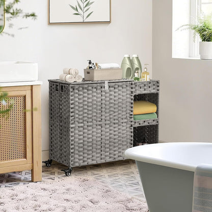 Laundry Hamper with Wheels, 42.3 Gal.(160 L) Laundry Sorter with Shelves, Rattan Clothes Hamper with 4 Removable Liners & 3 Mesh Bags, Handwoven Organizer for bedroom, bathroom, laundry room, Natural