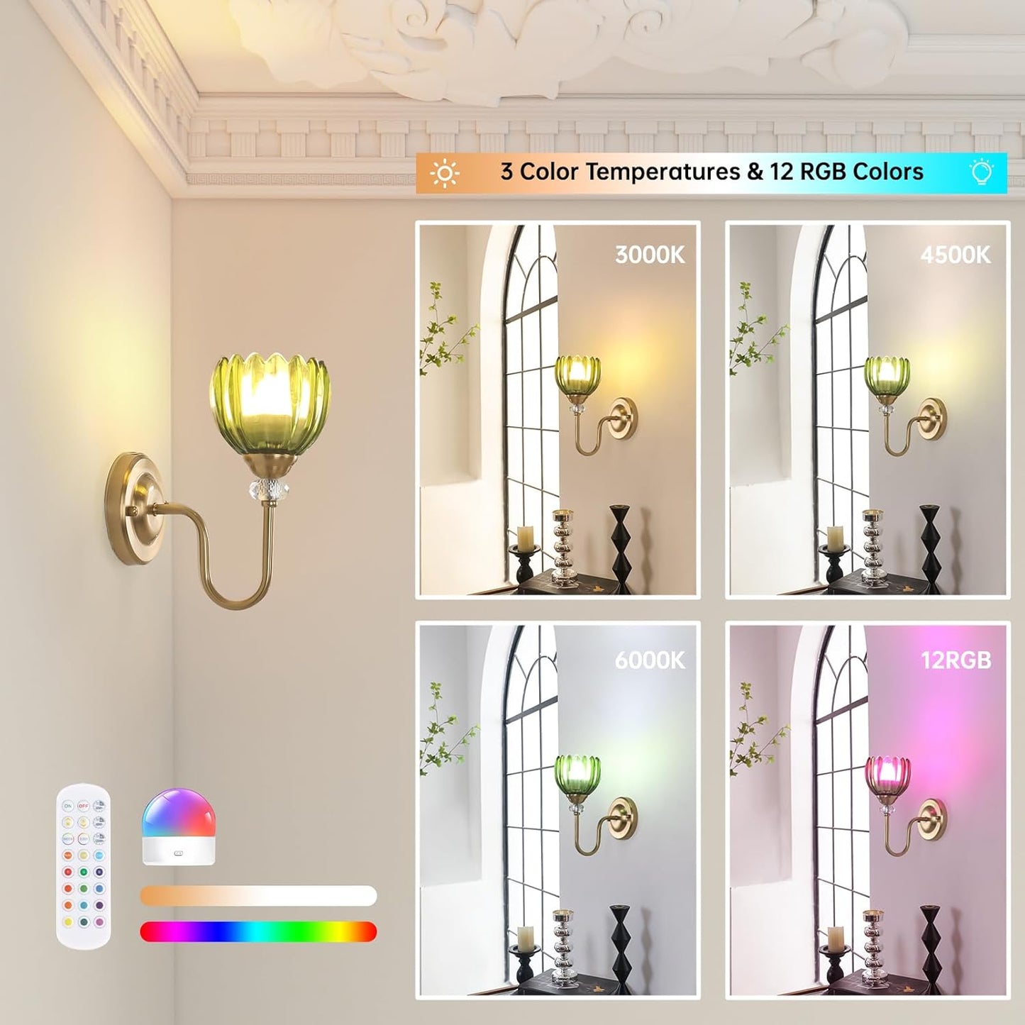 Set of 2 Vintage Battery Operated Wall Sconce, Rechargeable Wall Lamp with 5000mAh Battery & Remote Control, Dimmable Wall Lights with tulip shade for Bedroom Bathroom Living Room, (Tulip Amber Up)