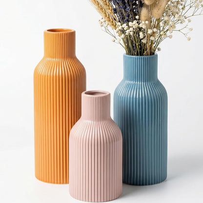 White Ceramic Flower Vases Set of 3, Modern Matte Vertical Ribbed, Nordic Minimalist Decor for Pampas, Dried & Fresh Flowers, Centerpiece for Living Room, Shelf, Entryway, Wedding,Office