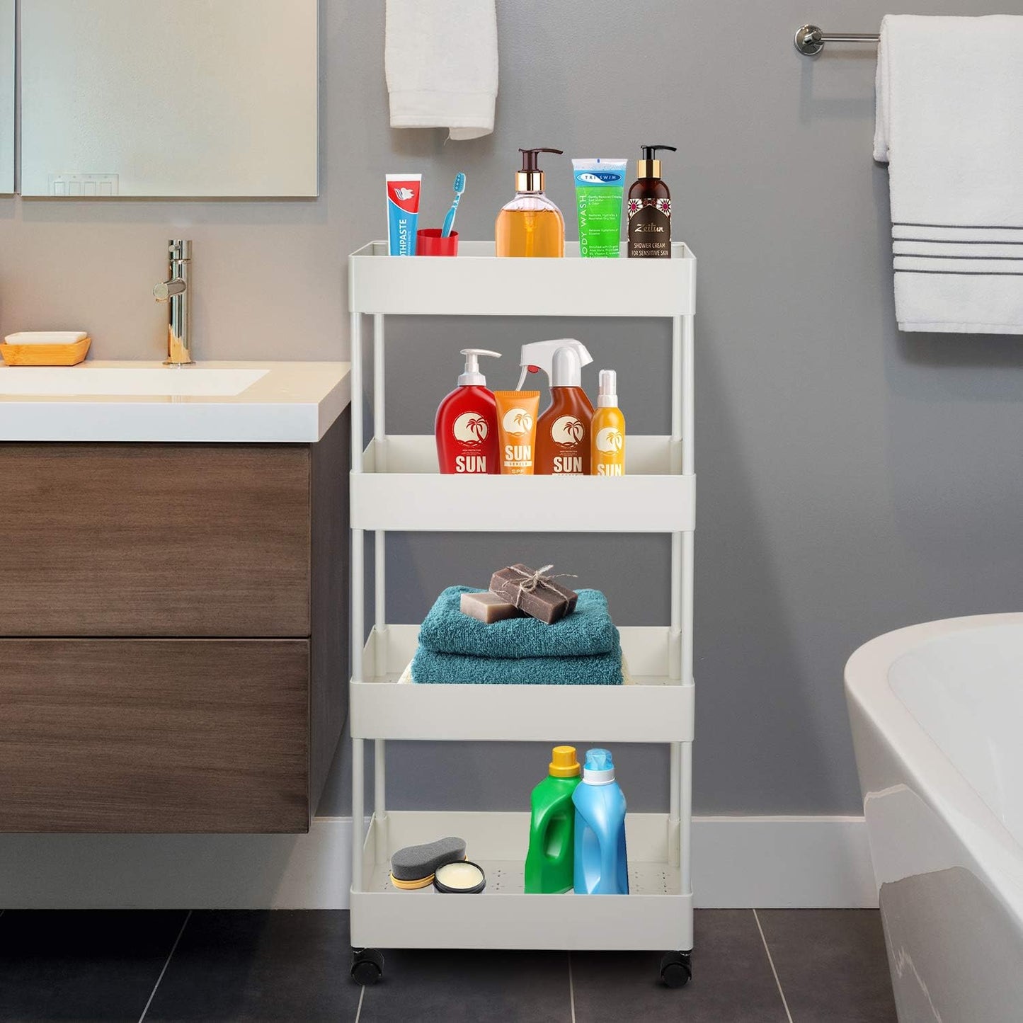 4-Tier Slim Rolling Cart, Slide Out Storage Trolley, Mobile Shelving Unit Organizer with Wheels, Gap Storage Tower Rack for Kitchen Bathroom Laundry Narrow Places