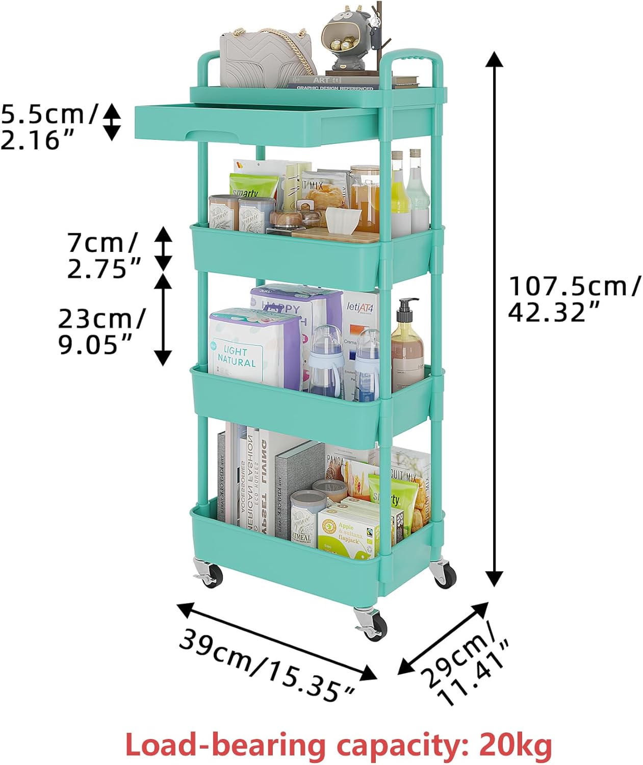 Calmootey 3-Tier Rolling Utility Cart with Drawer,Multifunctional Storage Organizer with Plastic Shelf & Metal Wheels,Storage Cart for Kitchen,Bathroom,Living Room,Office,White