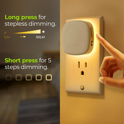 AUVON Plug-in LED Backlit Night Light with Motion Sensor & Dusk to Dawn Sensor, Dimmable Cool White Nightlight with 1-50 lm Adjustable Brightness for Bedroom, Bathroom, Stairs, Hallway (4 Pack)
