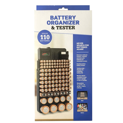 Parker & Bailey Battery Organizer and Tester - Storage Organizer Holder Container Holds 110 Batteries Compatible with AAA Batteries AA, D, C, 9, V