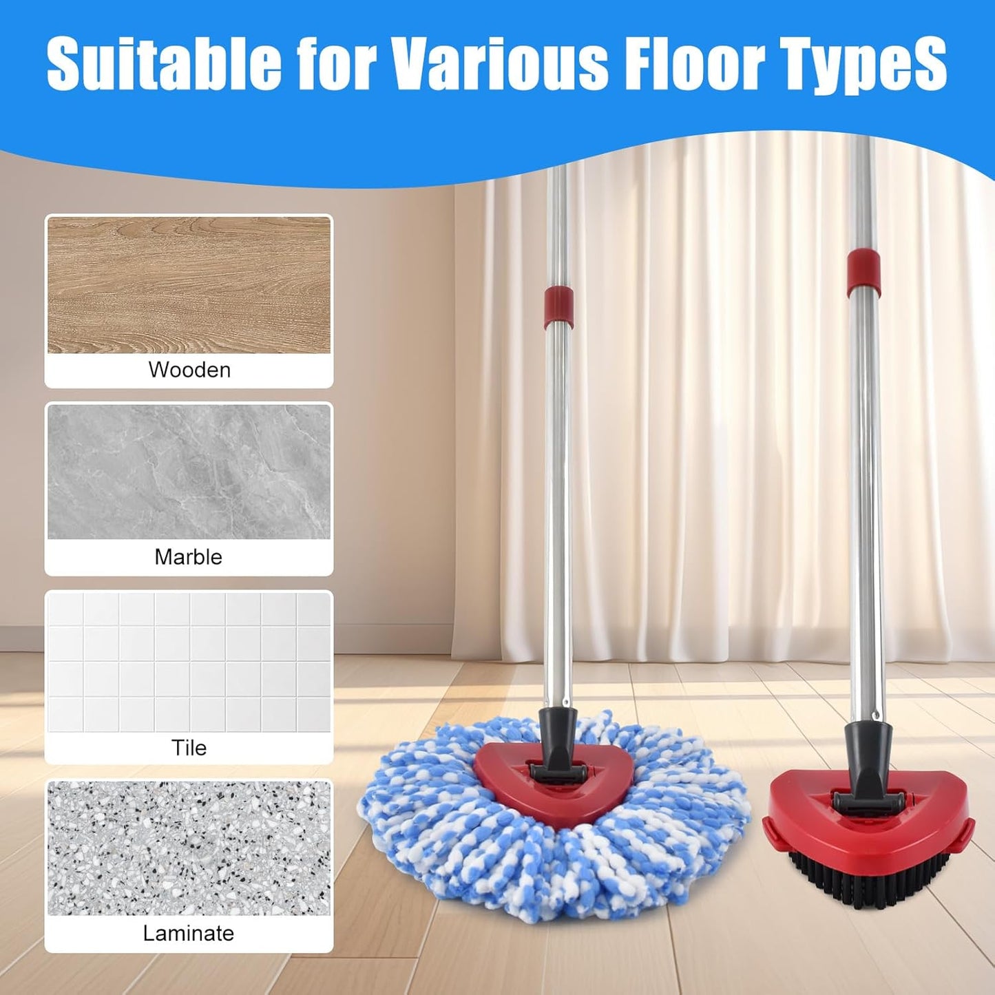 Mop Heads for O Cedar RinseClean 2 Tank Spin Mop System, 3 Microfiber Mop Head Refills and 3 Chenille Mop Pads,1 Scrub Brush, and 1 Mop Base with Mop Handle Set Combo