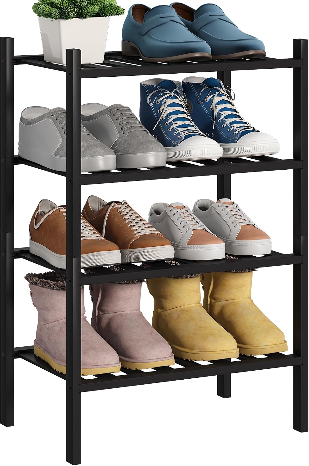 BMOSU 2-Tier Bamboo Small Shoe Rack Premium Stackable Shoe Shelf Storage Organizer for Hallway Closet Living Room Entryway Organizer (Black Bamboo)