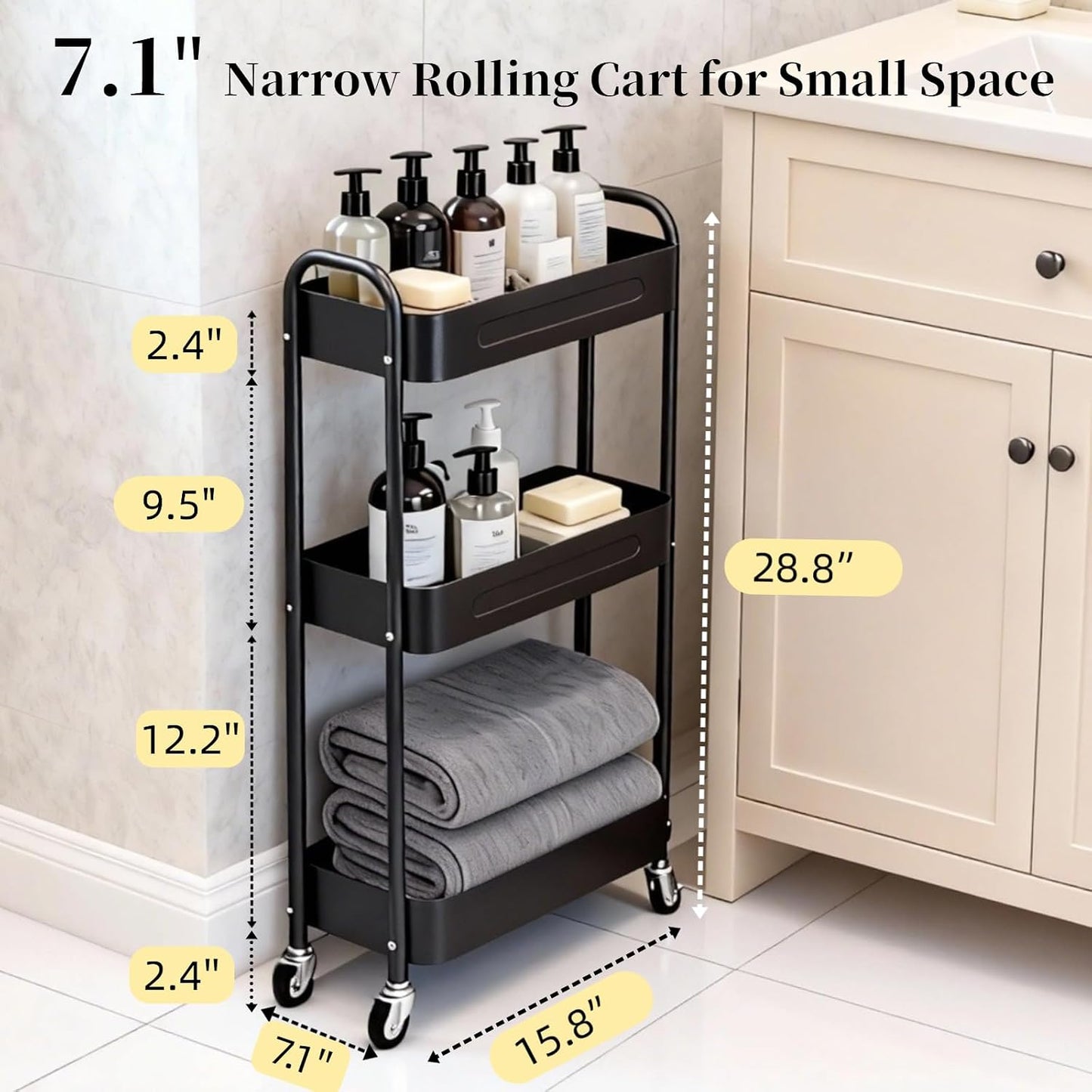 3 Tier Slim Metal Rolling Storage Cart for Laundry Room & Kitchen Organizer, 7.1'' Thin Standing Shelf for Narrow Spaces, Utility Cart with Wheels & Lockable Casters for Bathroom, Black
