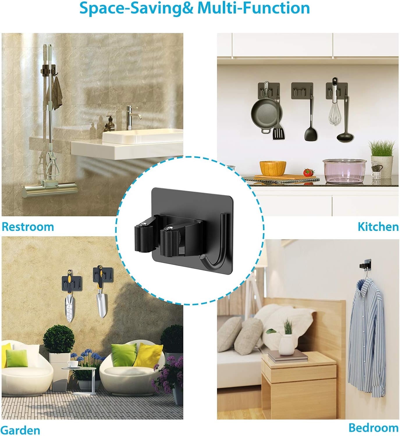 homeasy Mop Broom Holder No Drill, Mop Broom Organizer Wall Mounted Heavy Duty with Hooks Hanger, Self Adhesive Stainless Steel 4Pcs for Bathroom, Kitchen, Office (Silver)