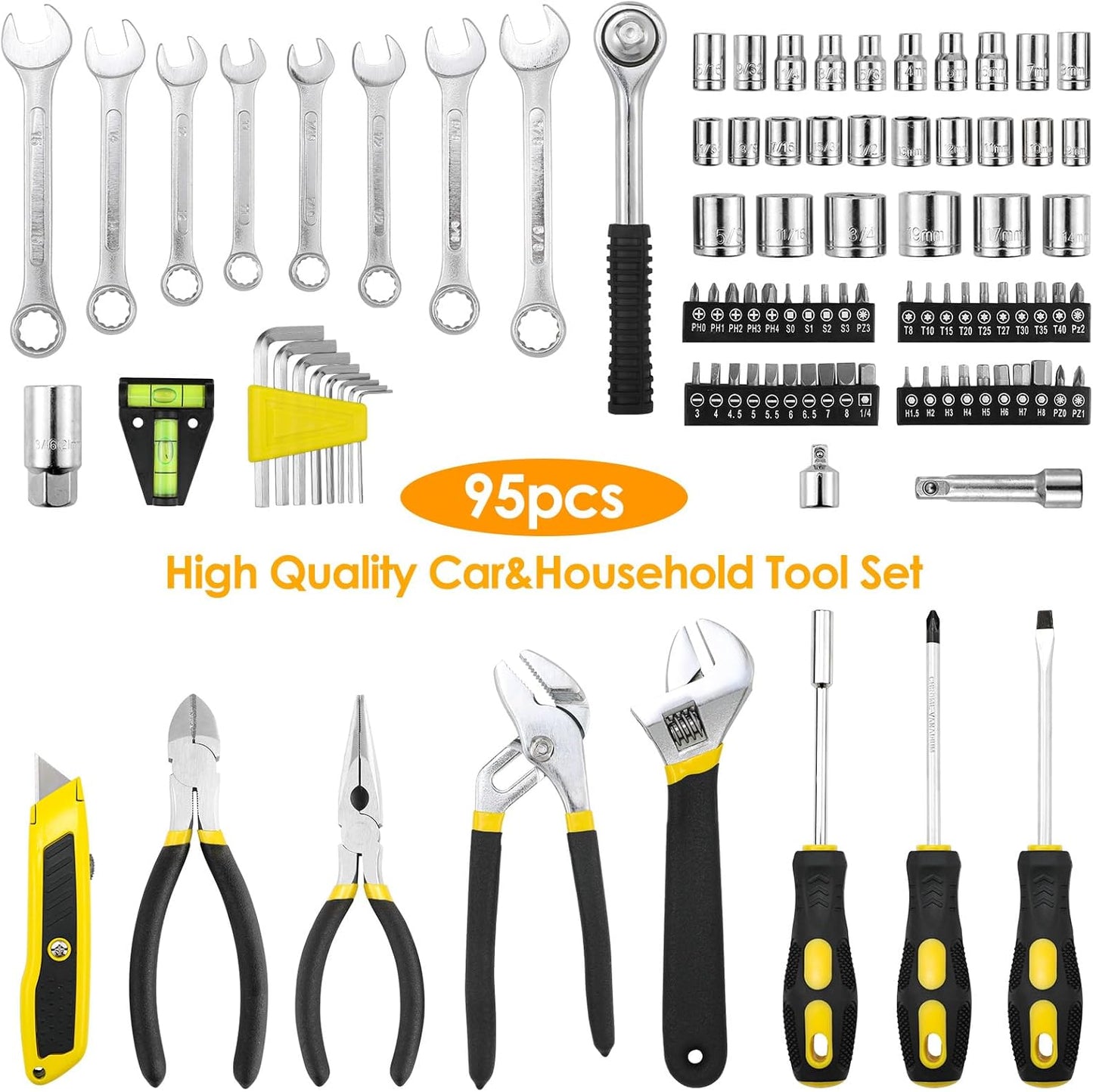 TLGREEN 95 Piece Tool Set, Tool Kit, Mechanics Tool Set, Portable Toolbox with Adjustable Wrench Pliers Socket Bits, with Plastic Toolbox, for House Apartment Garage (Red)