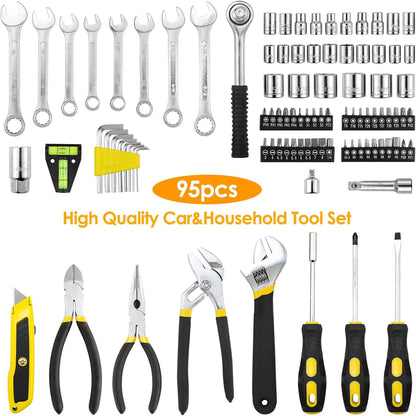 TLGREEN 95 Piece Tool Set, Tool Kit, Mechanics Tool Set, Portable Toolbox with Adjustable Wrench Pliers Socket Bits, with Plastic Toolbox, for House Apartment Garage (Red)