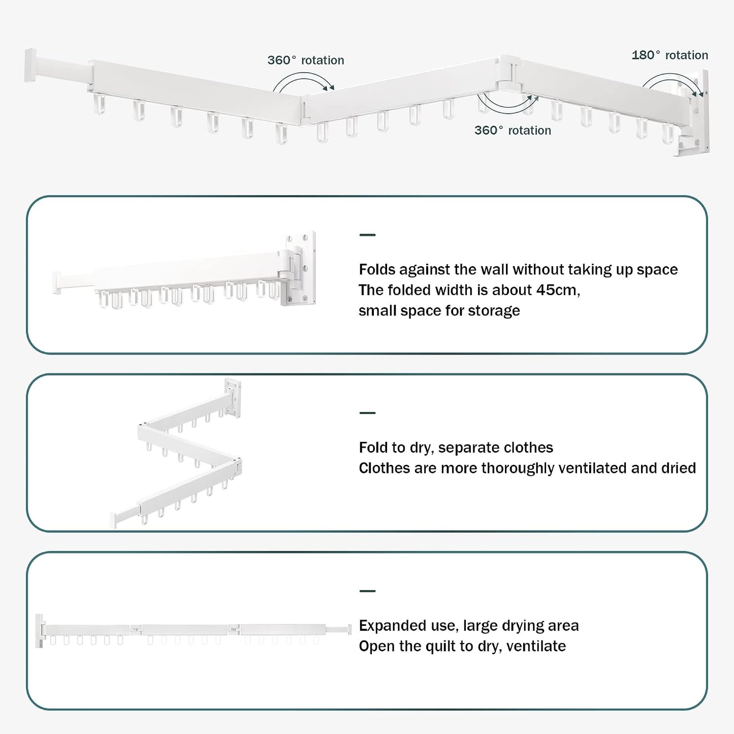 LIENAHU Wall Mounted Clothes Drying Rack, Collapsible, Folding, Retractable - Clothes Hanging Rack (Hooks, White)