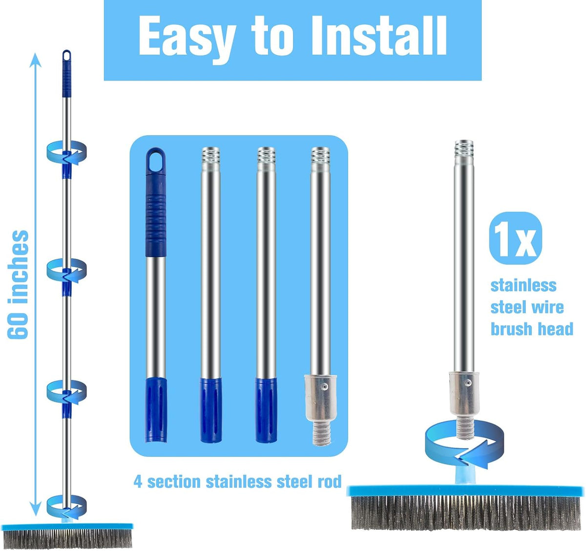 60'' Stainless Steel Deck Scrub Brush with Long Handle - Heavy Duty Floor Scrubber for Concrete, Grout, Garage, Patio, Boat & Garden - Stiff Bristle Broom for Moss, Tough Stains & Dirt Removal