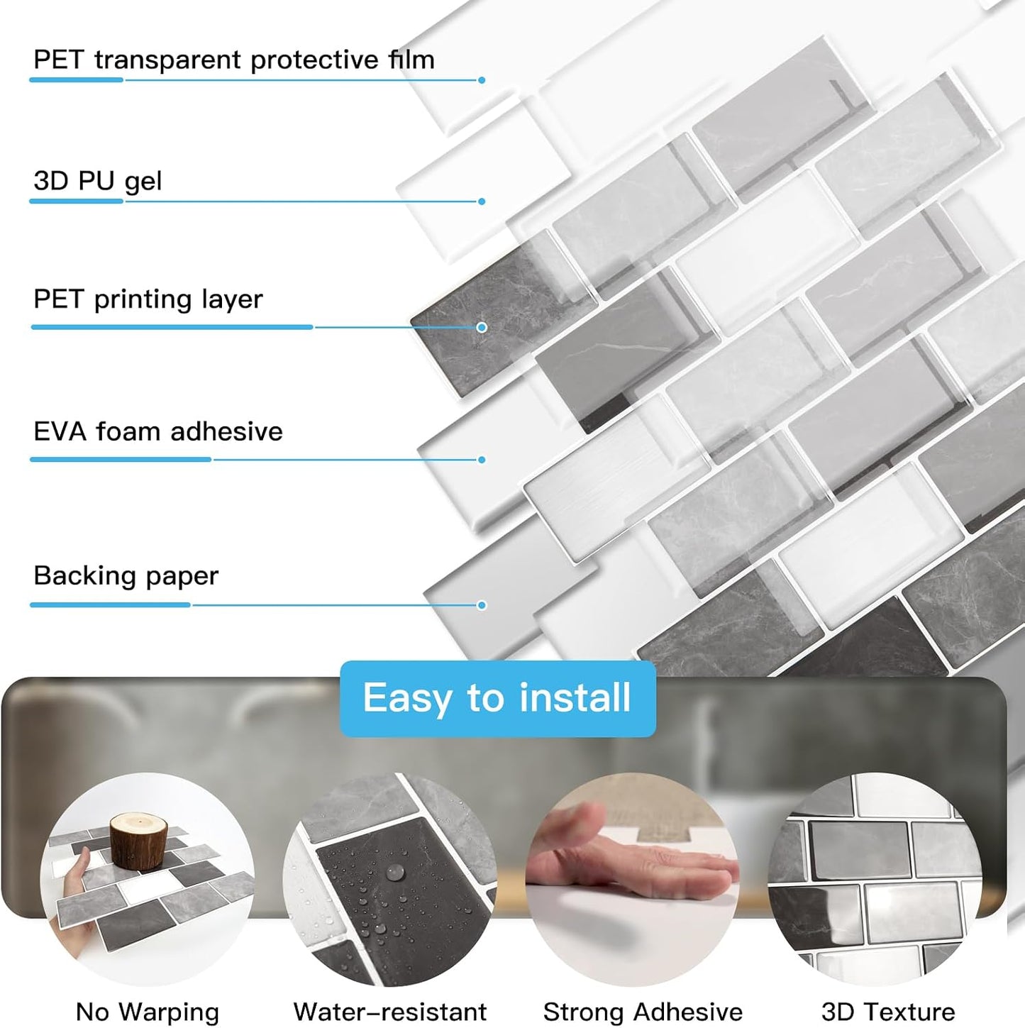Art3d Peel and Stick Backsplash for Kitchen White Subway (10 Tiles, Thicker Design)