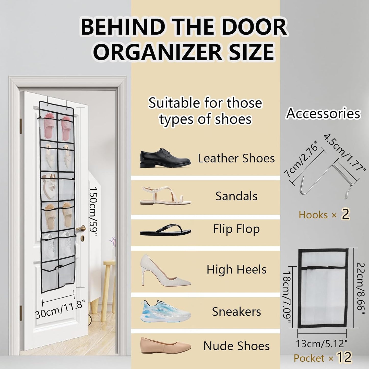 Over the Door Shoe Organizer, 12 Mesh Pockets Hanging Shoe Organizer with 4 Metal Hooks (Black)