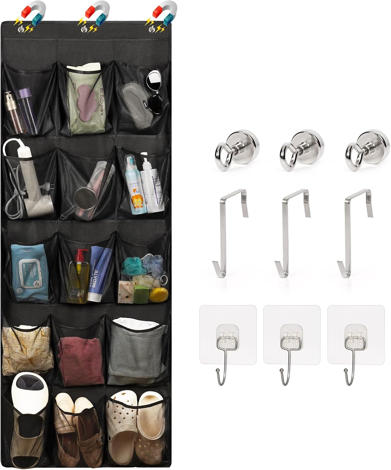 Over The Door Cruise Ship Organizer - Cruise Ship Magnetic Door Organizer with 15 Size-Graded Pockets, Hanging Magnetic Cruise Storage Shoe Rack for Cabin, 2026 Cruise Essential, 9 Hooks(White)