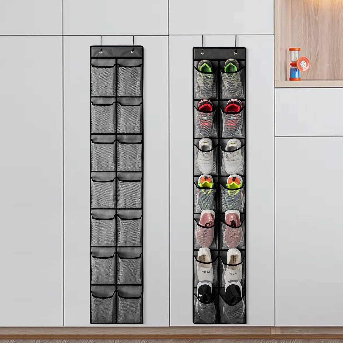 KEEPJOY Over the Door Shoe Organizer, Hanging Shoe Organizer with 4 Hooks, Shoe Holder with 14 Mesh Pockets Closet Door Shoe Storage Bag (White-2Pack)