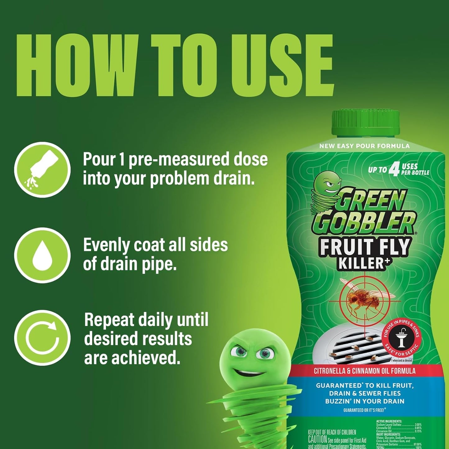 Green Gobbler Fruit Fly Killer+ - Kills Fruit Flies, Drain Flies & Sewer Flies, Gel Treatment for Use in Sinks & Pipes - Safe for Septic Systems, 32oz