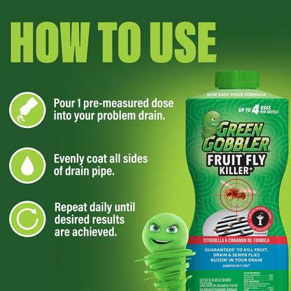 Green Gobbler Fruit Fly Killer+ - Kills Fruit Flies, Drain Flies & Sewer Flies, Gel Treatment for Use in Sinks & Pipes - Safe for Septic Systems, 32oz