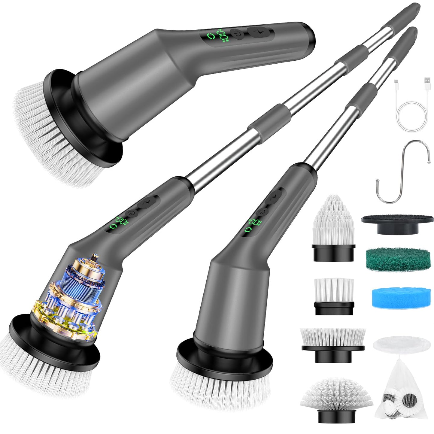 Shower Scrubber with Long Handle, Shower Cleaner Brush with 8 Floor Machine Pads, Cordless Electric Spin Scrubber for Cleaning with 2 Speed, Cleaning Supplies for Bathroom Bathtub Kitchen Floor Tile