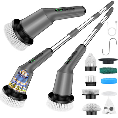 Shower Scrubber with Long Handle, Shower Cleaner Brush with 8 Floor Machine Pads, Cordless Electric Spin Scrubber for Cleaning with 2 Speed, Cleaning Supplies for Bathroom Bathtub Kitchen Floor Tile