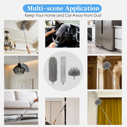 Microfiber Feather Duster 5-in-1 Kit with Extension Pole, Washable Cleaning Duster Set with 3 Duster Heads, Cobweb Duster, Corner Brush, 100'' Extendable Long Duster for High Ceilings, Fans, Furniture