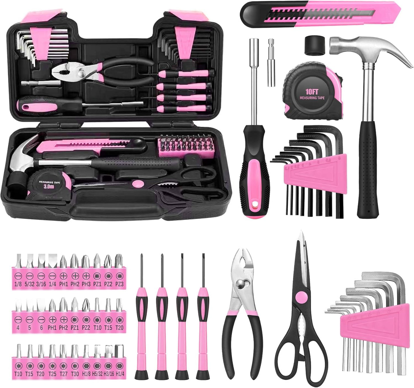144-Piece General Household Hand Tool Kit with Plastic Toolbox Pink | Basic General Hand Tool Kit, Household Tool Set, for Home Repair, Office & College Dormitory Use, Daily Use for Women