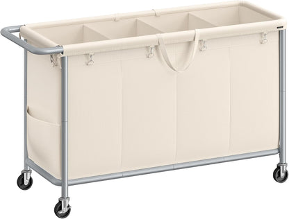SONGMICS Laundry Basket with Wheels, 3-Section Rolling Laundry Hamper, 52.8 Gallons (200 L), Removable Liner, Steel Frame with Handle, 35.8 x 15.4 x 31.9 Inches, Cream White URLS005W01