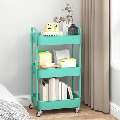 Sywhitta 4-Tier Plastic Rolling Utility Cart with Handle, Multi-Functional Storage Trolley for Office, Living Room, Kitchen, Movable Storage Organizer with Wheels, Black