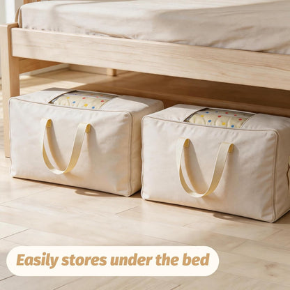 Soft Large Canvas Storage Bags with Zipper. Thick Breathable. Four Carrying Handles and Window. Cotton Linen Storage for Pillows, Quilt, Blankets and Comforter, 80L, Beige