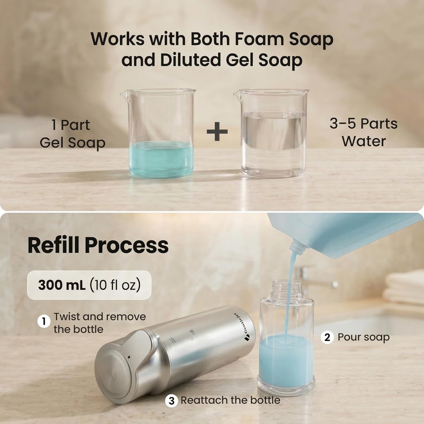GentleJet CrystalJet Automatic Foam Soap Dispenser – Stainless Steel, Touchless Sensor, USB-C Rechargeable, Waterproof, Modern Bathroom & Kitchen Sink, 300 ml
