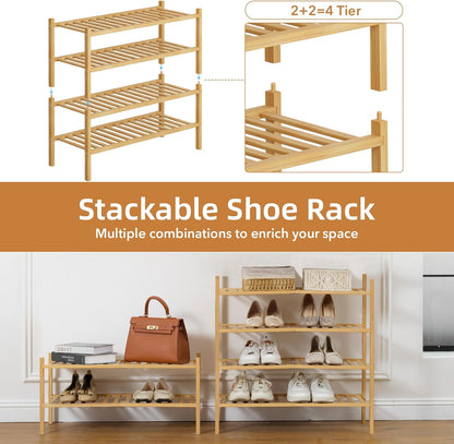 4 Tier Bamboo Shoe Rack Storage Organizer for Closet, Multifunctional Stackable Free Standing Shoe Shelf Organizer for Small Space,Entryway, Hallway, Bathroom27 x11 x26(White, 4 Tier)