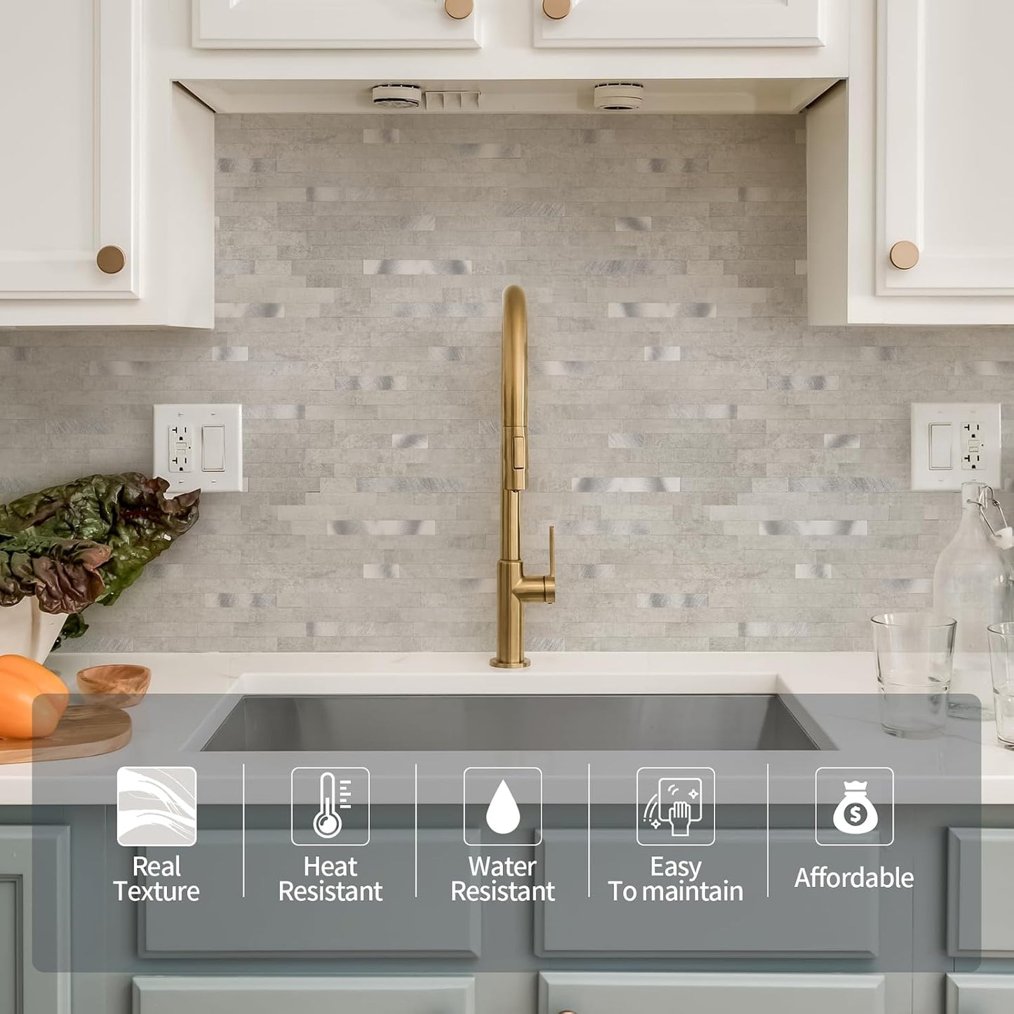 Yipscazo 2026 New Upgrade 11.34" X 11.57" Peel and Stick Backsplash, Stick on Backsplash Tiles for Kitchen, Bathroom, Fireplace (10 Sheets, Beige Rocks + Rose Gold)