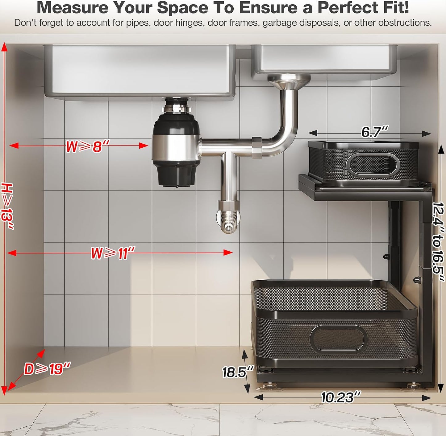 2 Pack 18.5IN-Depth Under Sink Organizer With Next-Gen Ball-Bearing Slides,2-Tier Precision Mesh Pull Out Cabinet Storage for Bathroom&Kitchen,Height Adjustable Drawers Shelf,Anti-rust-White