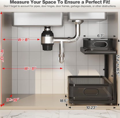 2 Pack 18.5IN-Depth Under Sink Organizer With Next-Gen Ball-Bearing Slides,2-Tier Precision Mesh Pull Out Cabinet Storage for Bathroom&Kitchen,Height Adjustable Drawers Shelf,Anti-rust-White