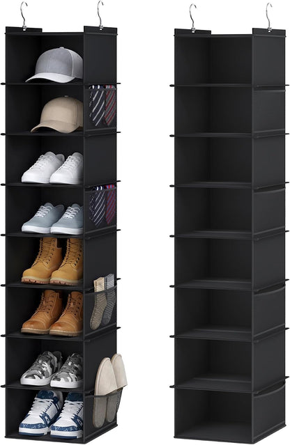 YOUDENOVA Upgraded Extra Wide Hanging Shoe Organizer for Closet, 8-Shelf Storage Organizer with 8 Side Pockets, Hanging Shoe Rack for Hats Clothes Jeans, Grey