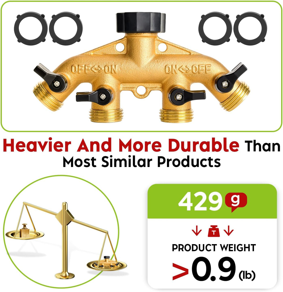 A30008-D Brass Hose Y Connector Brass Garden Hose Adapter, Garden Hose Splitter 2 Way Heavy Duty, Hose Bib Splitter with 2 Extra Rubber Washers-2PACK