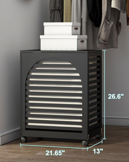 Black Laundry Hamper with Wheels, Laundry Basket with Lid, 22.5 Gallon (85L) Bamboo Wood Clothes Laundry Hamper 2 Section with Handles, Removable Liner