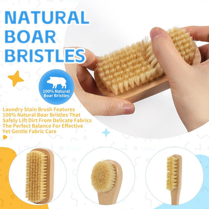 DEBETOOL 3-Piece Wooden Laundry Brush for Stains on Clothes - Gentle Boar Bristle Laundry Scrub Brush Stain Remover for Delicate and Everyday Fabrics