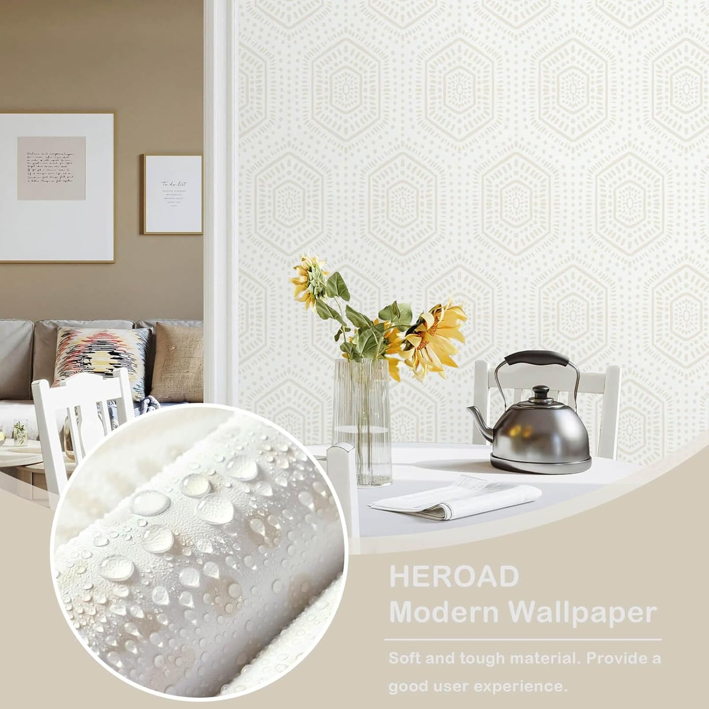 Heroad Boho Peel and Stick Wallpaper Beige Renter Friendly Wall Paper Peel and Stick Modern Contact Paper Neutral Geometric Wallpaper for Bedroom Bathroom Cabinets Decor Vinyl Waterproof 17.3"x78.7"