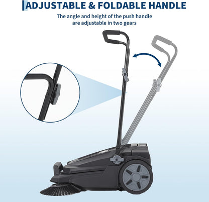 Walk-Behind Outdoor Hand Push Floor Sweeper, 25.6 Inch Wide Manual Non-Electric Sweeper with 5.25 Gallon Waste Bin, Adjustable Folding Handle Heavy Duty Yard Sweeper for Garage Patio Walkway Driveway