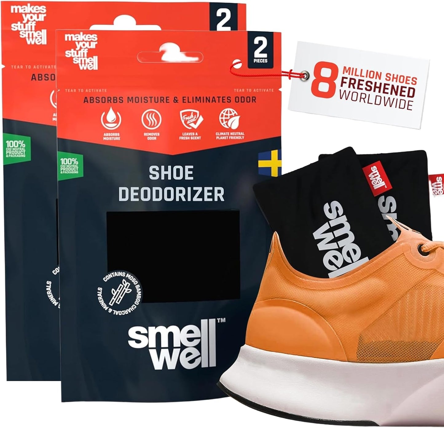 SmellWell - Scented Shoe Deodorizer Inserts - Odor Eliminators - Activated Bamboo Charcoal + Minerals - Natural Fresheners for shoes, bags, gloves - 2 x 1.8oz Original Size - Black Zebra