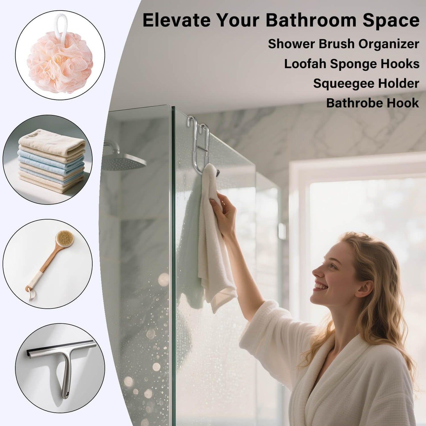 Shower Door Hooks for Towels & Squeegee - No Drill Bathroom Hooks for Frameless Glass Door, Shiny Silver Stainless Steel with Anti-Slip Rubber (2 Pack)