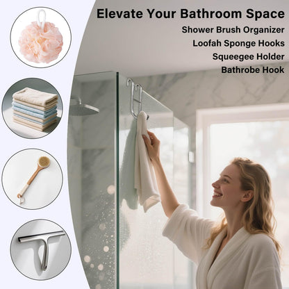 Shower Door Hooks for Towels & Squeegee - No Drill Bathroom Hooks for Frameless Glass Door, Shiny Silver Stainless Steel with Anti-Slip Rubber (2 Pack)