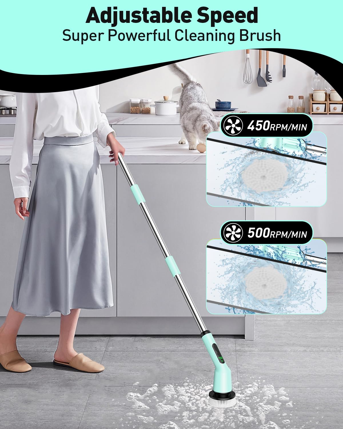 Shower Scrubber with Long Handle, Shower Cleaner Brush with 8 Floor Machine Pads, Cordless Electric Spin Scrubber for Cleaning with 2 Speed, Cleaning Supplies for Bathroom Bathtub Kitchen Floor Tile