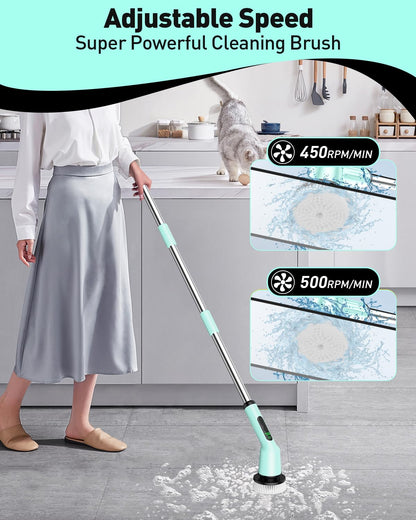 Shower Scrubber with Long Handle, Shower Cleaner Brush with 8 Floor Machine Pads, Cordless Electric Spin Scrubber for Cleaning with 2 Speed, Cleaning Supplies for Bathroom Bathtub Kitchen Floor Tile