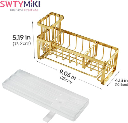 SWTYMIKI Sink Caddy Sponge Holder - Large Sponge Holder for Kitchen Sink with 360°Auto-Drain Tray, Rustproof Stainless Steel Kitchen Organizer Caddy for Countertop Organization