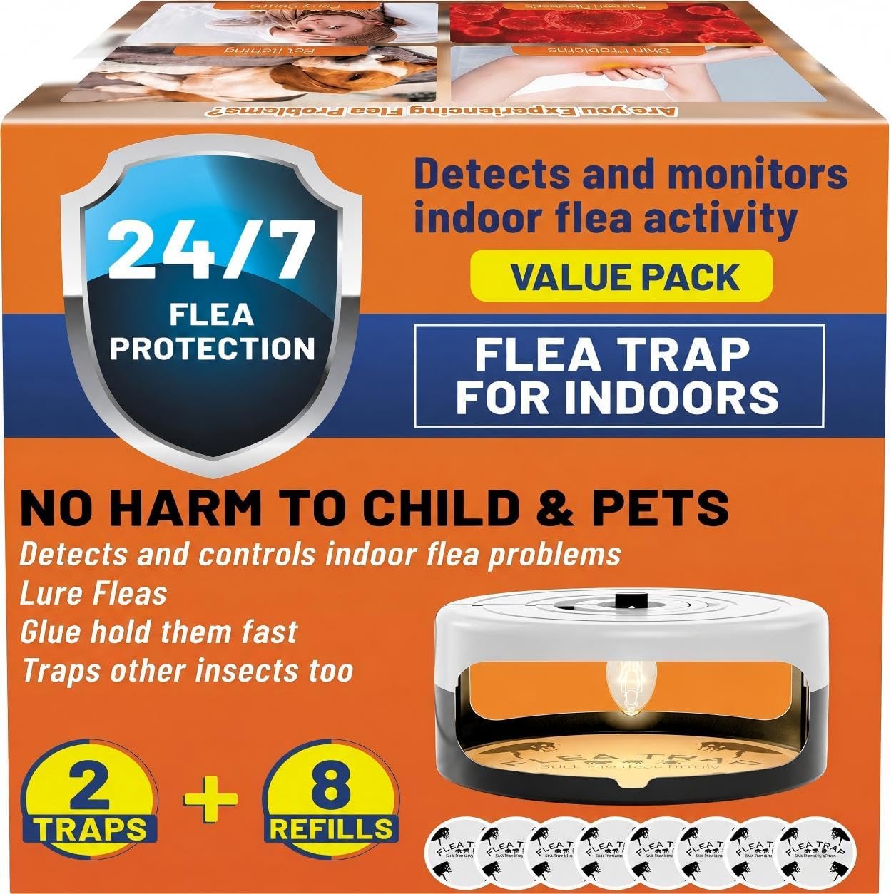 2 Pack Flea Traps for Inside Your Home, Indoor Flea Traps with 8 Sticky Pads, Flea Monitoring Trap for Home, Sticky Insect Catcher for Fleas, Moths & Gnats