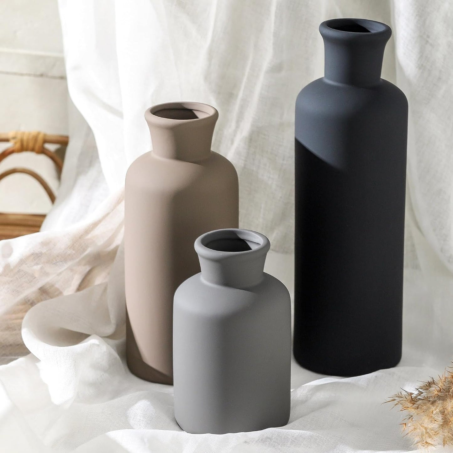 Ceramic Vase Set of 3, Decorative Vases Home Decor Modern Neutral Flower Pampass Boho Vase for Living Room, Table, Mantel, Entryway, Bookshelf, Kitchen, Bedroom, Bathroom - White