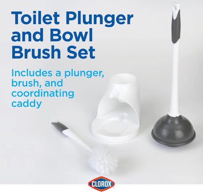 Clorox Toilet Plunger and Brush Bowl Set with Holder Caddy Storage for Cleaning Bathroom and Unclogging Toilets, White and Gray